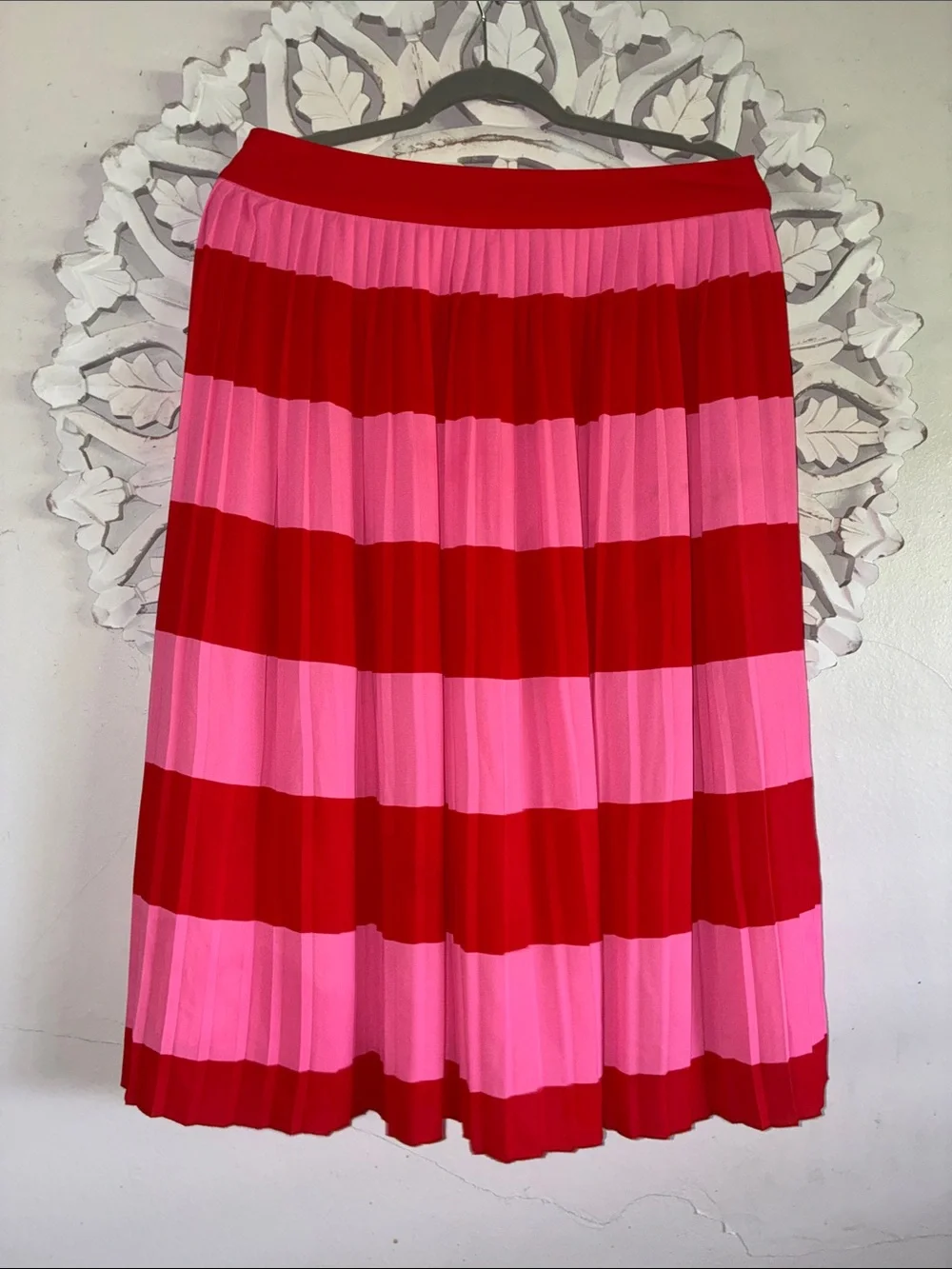 J. Crew Red and Pink Striped Pleated Midi Skirt